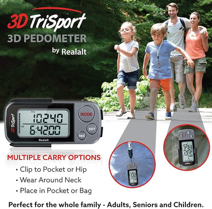 3DTriSport Walking 3D Pedometer with Clip & Strap, eBook Included | 30 Days Memory, Accurate Step