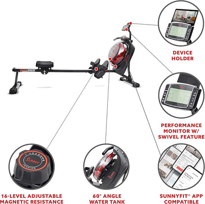Sunny Health & Fitness Elite Water Rowing Machine with High Dynamic Resistance Vertical Tank