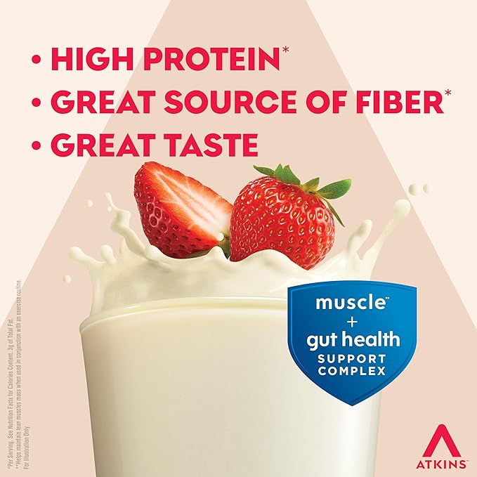 Atkins Strong High Protein Shake, Strawberry, 30g Protein, 7g Prebiotic Fiber, Muscle & Gut Health