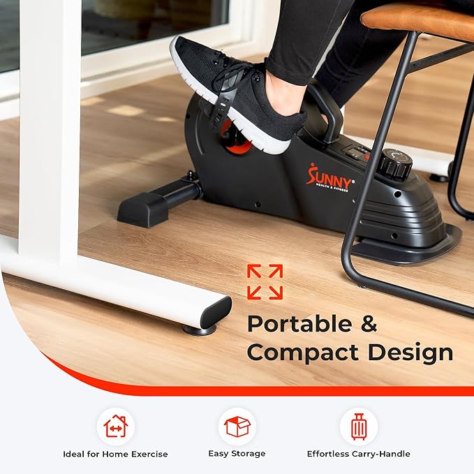Sunny Health & Fitness Dual Function Under Desk Pedal Exerciser, Portable Indoor Cardio Mini Bike