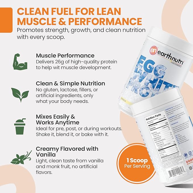 EarthNutri - Egg White Protein Powder Supplement for Pre, Intra or Post Workout, 26g of Protein Per