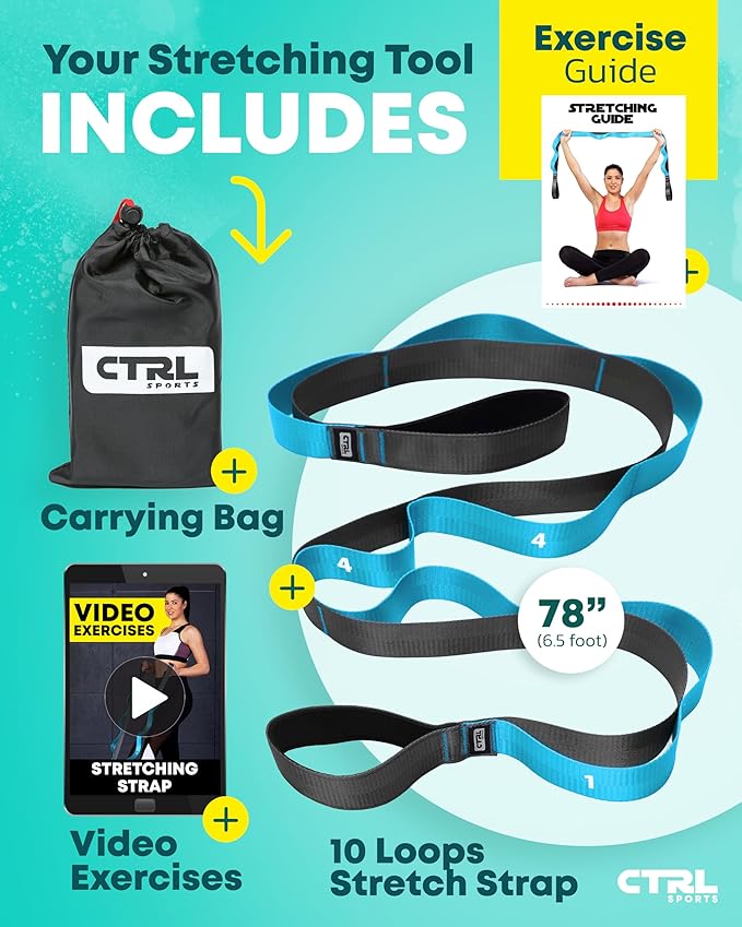 Stretching Strap with Loops - Non Elastic Stretch Band for Physical Therapy, Yoga Strap for