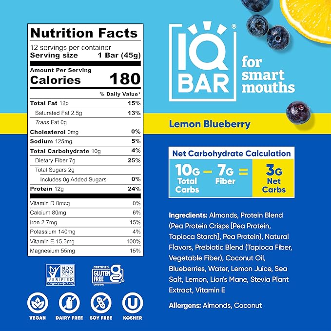 IQBAR Brain and Body Plant Protein Bars - Lemon Blueberry - 12-Count Low Carb - Gluten Free, High