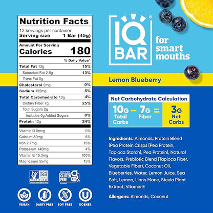 IQBAR Brain and Body Plant Protein Bars - Lemon Blueberry - 12-Count Low Carb - Gluten Free, High