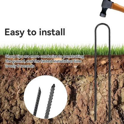 Trampoline Ground Anchors 24-Inch Heavy Duty U Rebar Stakes for Trampoline, Dog Fence, Black