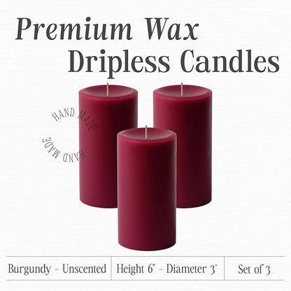 Mister Candle Dripless Unscented Pillar Candles, Set of 3 Hand Poured Burgundy Pillar Candles