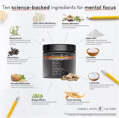 Boss Mode 10-in-1 Nootropic Cognitive Enhancement Supplement, Focus & Memory Booster, Featuring