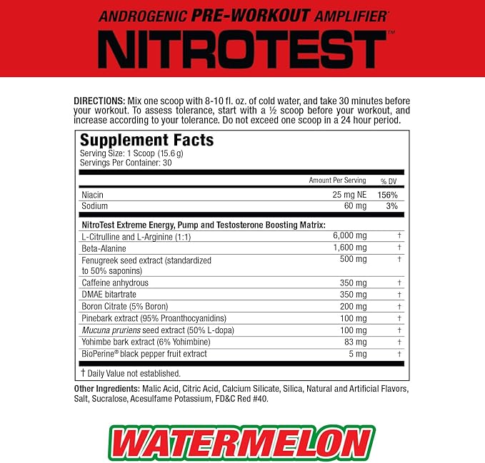 MuscleMeds Nitrotest Pre-Workout Supplement Drink, Boost Nitric Oxide, Testosterone, Watermelon, 30