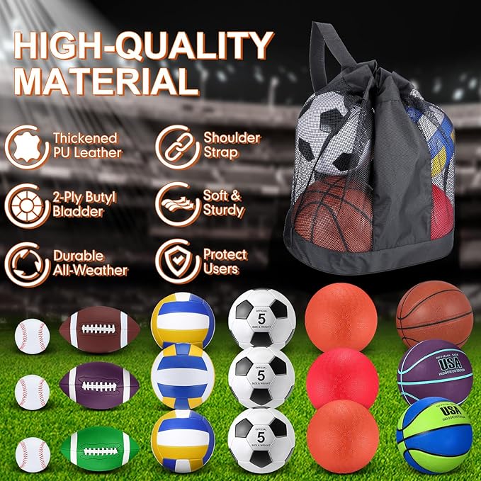 Leyndo 18 Pcs Sport Balls Bulk Set Basketball Football Volleyball Soccer Playground Baseball with