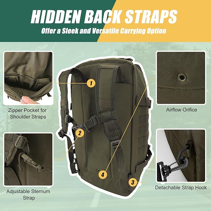 65L Large Travel Gym Duffle Bag with Tensile Strength Pom Buckle Military Tactical Backpack, Army