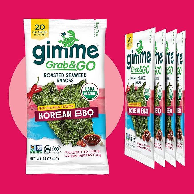 Gimme Seaweed Grab & Go Organic Premium Roasted Seaweed Snacks, Korean BBQ, 5 Count Trayless, Keto