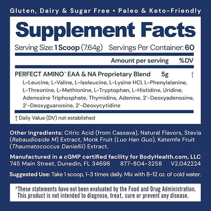 BodyHealth PerfectAmino Powder - BCAA and EAA Powder for Pre and Post Workout - Amino Acid Energy