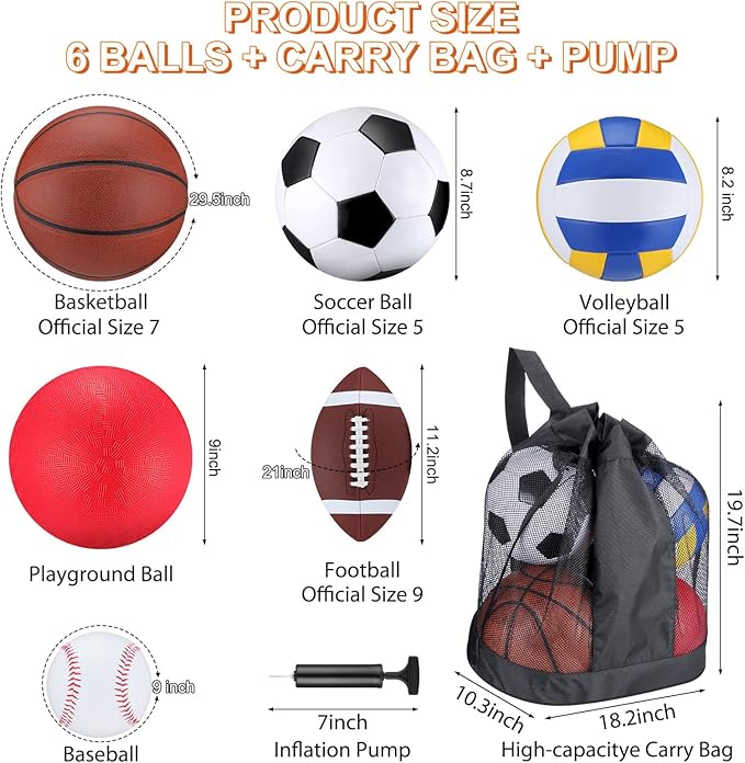 Libima 6 Pcs Multi Sport Ball Set Official Size Football, Basketball, Soccer, Volleyball