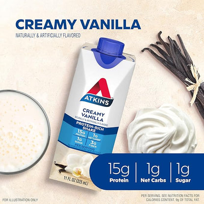 Atkins Creamy Vanilla High Protein Shake, 15g Protein, Low Glycemic, Low Carb and Low Sugar Shakes