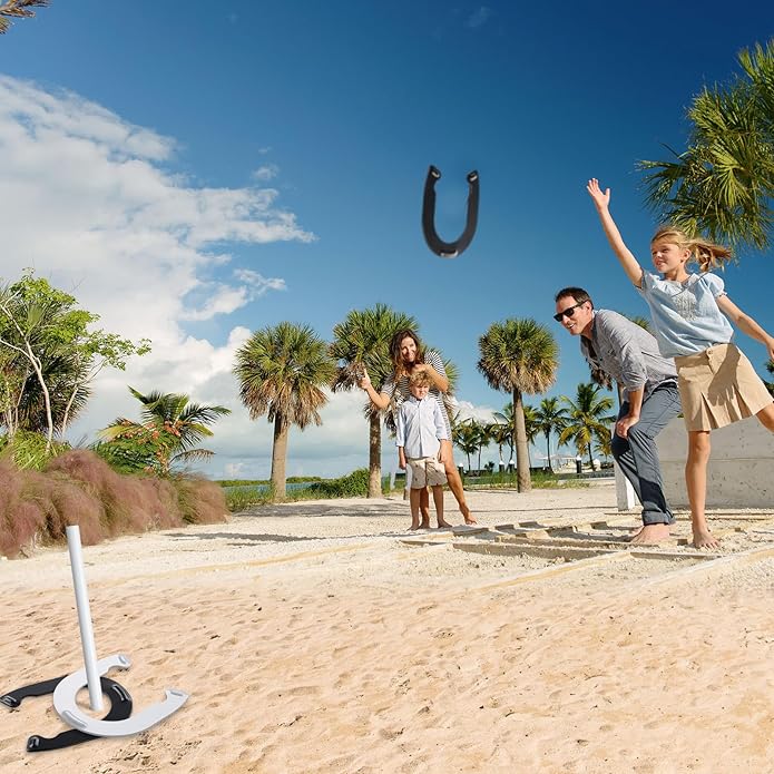Horseshoes Outside Game for Kids, Metal Horse Shoes Game Kit Includes 4 Horseshoes 2 Stakes
