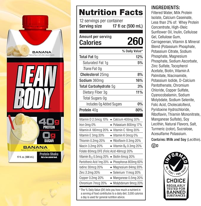 Lean Body Ready-to-Drink Banana Protein Shake, 40g Protein, Whey Blend, 0 Sugar, Gluten Free, 22