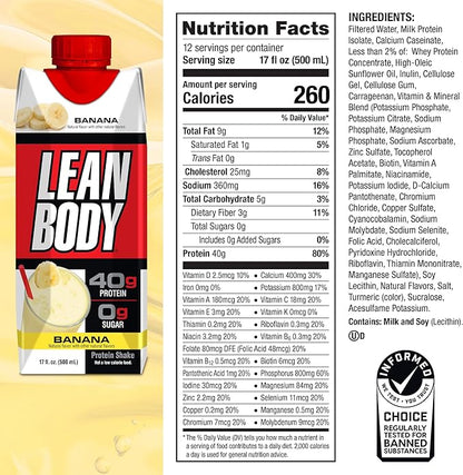 Lean Body Ready-to-Drink Banana Protein Shake, 40g Protein, Whey Blend, 0 Sugar, Gluten Free, 22