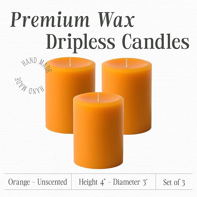Mister Candle Dripless Unscented Orange Pillar Candles, Set of 3 Hand Poured Solid Color