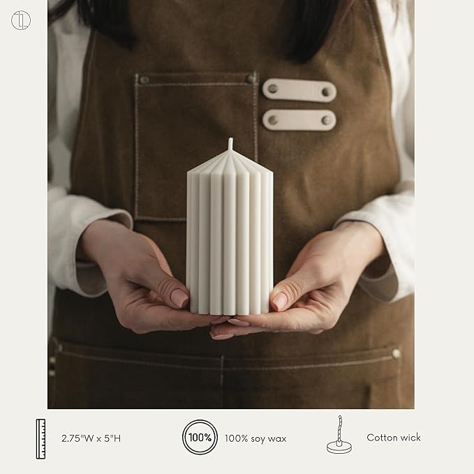 LAWA Ribbed Peak Pillar Candle - Large Beautiful Handmade Pillar Scented Soy Wax Candle Elegant