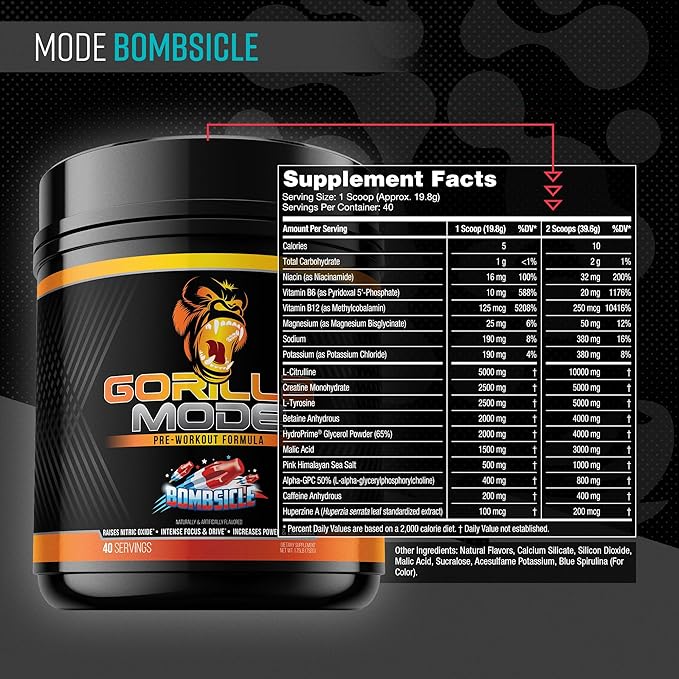 Gorilla Mode Pre Workout - Massive Pumps · Laser Focus · Energy · Power - L-Citrulline, Creatine