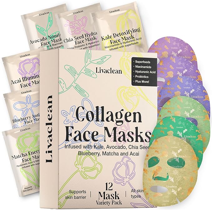 LivaClean 12 CT Face Masks Skincare - Collagen Sheet Mask - Hydrating Face Masks Bulk with