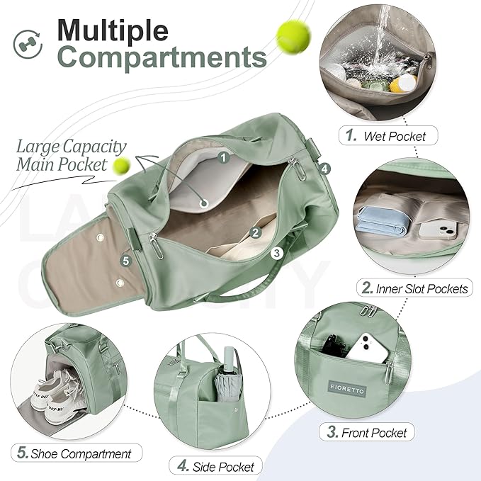 FIORETTO Womens Gym Tote Duffle Bag with Wet Pocket & Shoe Compartment, Sports Duffel Overnight