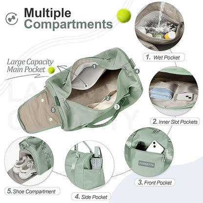 FIORETTO Womens Gym Tote Duffle Bag with Wet Pocket & Shoe Compartment, Sports Duffel Overnight