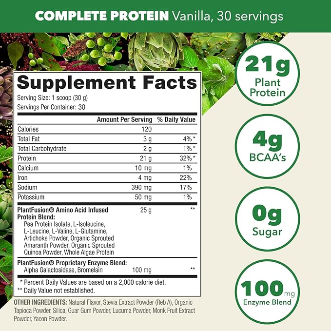 PlantFusion Complete Vegan Protein Powder - Plant Based Protein Powder With BCAAs, Digestive