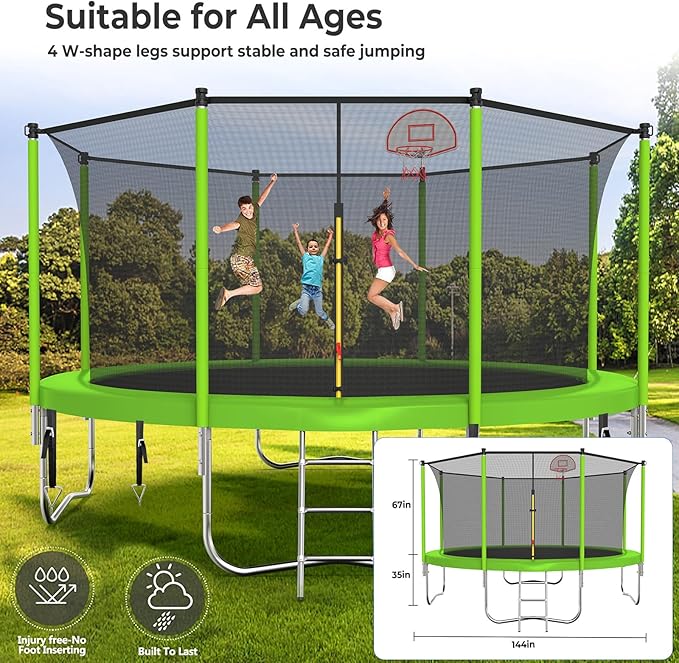 Upgraded 10/12/14/15/16FT Trampoline Outdoor, Large Kids Trampoline with Light, Stakes, Sprinkler