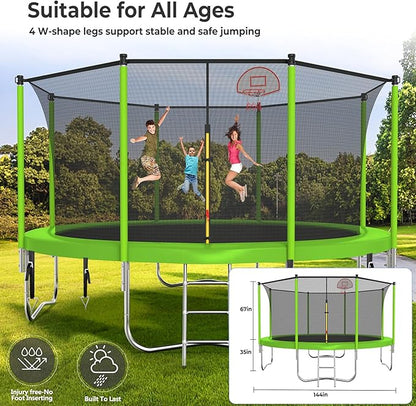 Upgraded 10/12/14/15/16FT Trampoline Outdoor, Large Kids Trampoline with Light, Stakes, Sprinkler