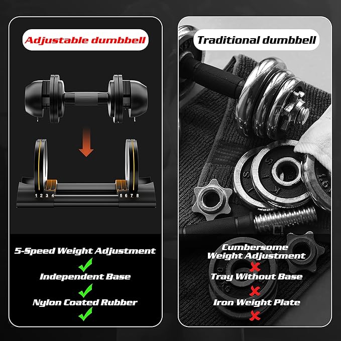 Adjustable Dumbbell,22LBS 44LBS 52LBS Dumbbell Set with Tray for Fitness, Fast Adjust Weight by