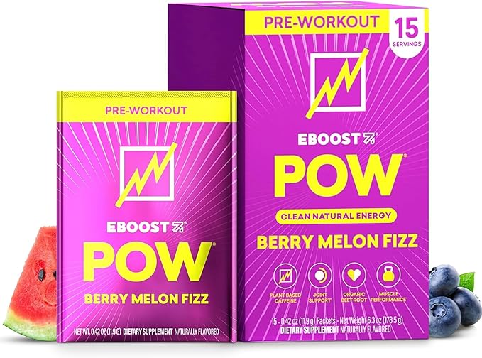 EBOOST POW Natural Pre Workout Powder - 15 Packets, Berry Melon Fizz - Preworkout Energy Booster