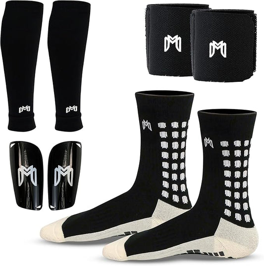 Soccer Grip Socks, Shin Guards, Pre Cut Sock Sleeves, and Guard Straps Bundle Pack - Essential