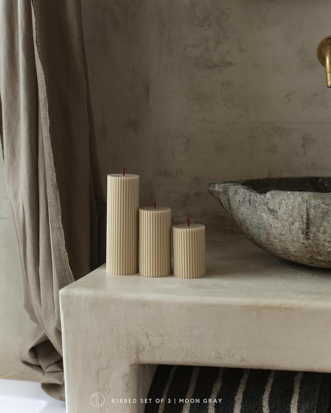 LAWA Roman Handmade Tall Ribbed Pillar Candle - Beautiful Scented Soy Wax Dinner Candle | Classic