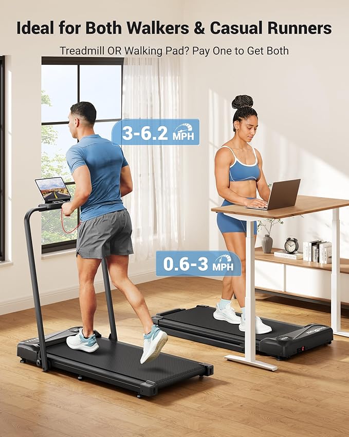 THERUN Walking Pad, 2 in 1 Foldable Treadmills for Home, 2.5HP Under Desk with Handle Bar, 16"