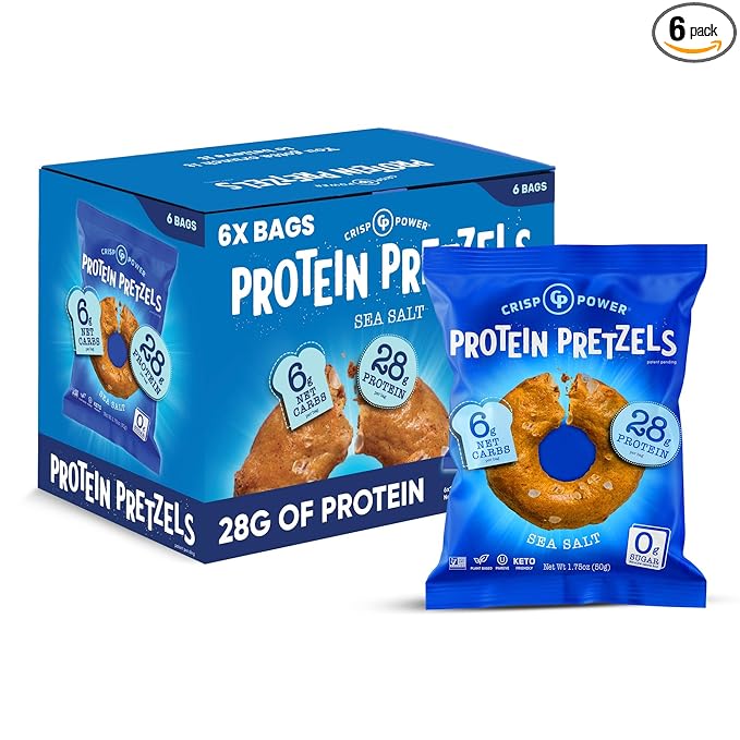 Crisp Power Protein Pretzels, Sea Salt, High Protein Vegan Keto Snack, 28 G Plant Based Protein
