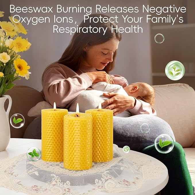 6 Pack Natural Beeswax Pillar Candles,Handmade Pure Beeswax Rolled Candles-120 Hours Long