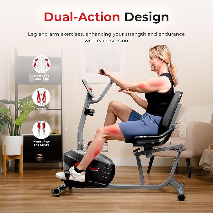 Sunny Health & Fitness Smart Indoor Recumbent Bike Trainer, Home Full Body Workout & Cardio Cycling