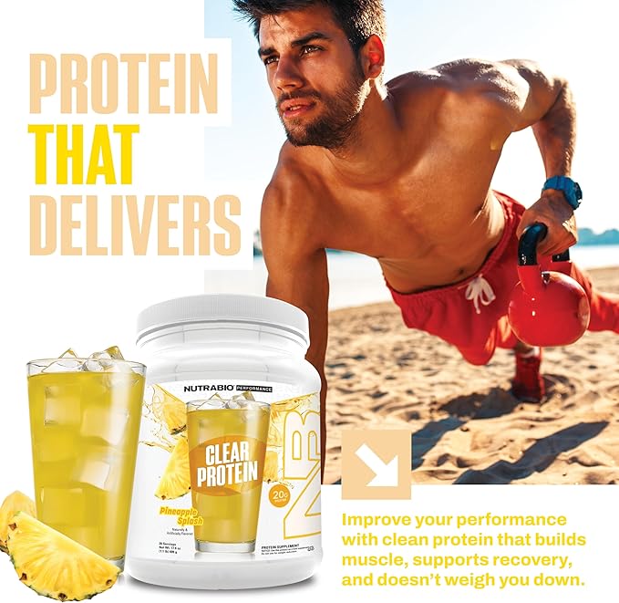 NutraBio Clear Protein Powder, Pineapple Splash - 20 Servings, 20g Clear Whey Protein Isolate, 0