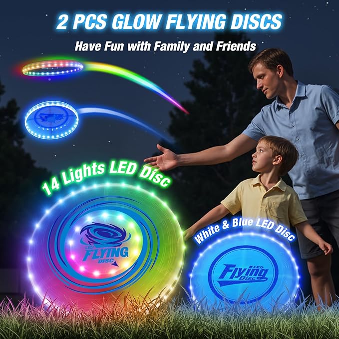 2 Pack Light up Flying Discs for Kids, Rechargeable Disc with 45 LEDs, 14 Lighting Modes(10") &