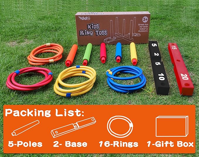 Ring Toss Game for Kids, Indoor & Outdoor Game for Family and Adults with 5 Poles, 2 Bases and 16