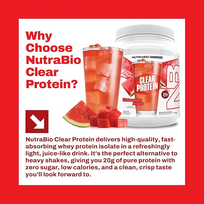 NutraBio Clear Protein Powder, Watermelon Breeze - 20 Servings, 20g Clear Whey Protein Isolate, 0
