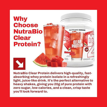 NutraBio Clear Protein Powder, Watermelon Breeze - 20 Servings, 20g Clear Whey Protein Isolate, 0
