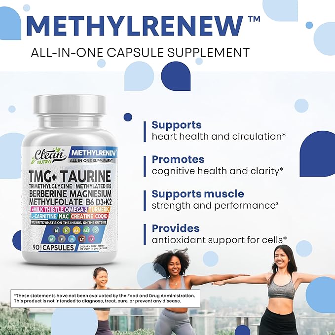 Clean Nutra TMG Supplements 1000mg | Methylated Multivitamin for Women Men | Taurine B6 Vitamins