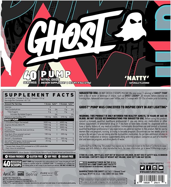 GHOST Pump Nitric Oxide Powder, Natty - 40 Servings - Sugar & Stim-Free Pre-Workout Supplements