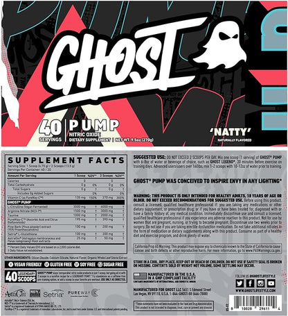 GHOST Pump Nitric Oxide Powder, Natty - 40 Servings - Sugar & Stim-Free Pre-Workout Supplements