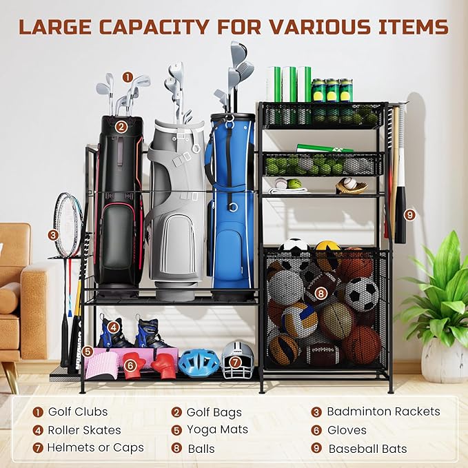 Garage Sports Equipment Organizer,3 Golf Bags Storage Stand,Heavy-Duty Ball Storage Rack with