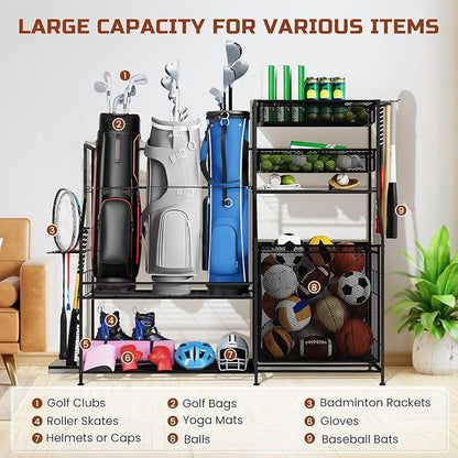 Garage Sports Equipment Organizer,3 Golf Bags Storage Stand,Heavy-Duty Ball Storage Rack with