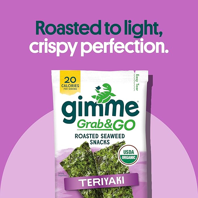 Gimme Seaweed Grab & Go Organic Premium Roasted Seaweed Snacks, Teriyaki, 5 Count Trayless, Keto