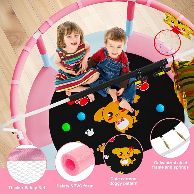60" Trampoline for Kids, 5 FT Indoor & Outdoor Toddler Baby Trampoline with Basketball Hoop, Safety